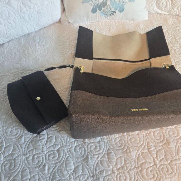 Steve Madden Colorblock Hobo Shoulder Bag Grey Taupe Black Gold Hardware - Picture 5 of 10